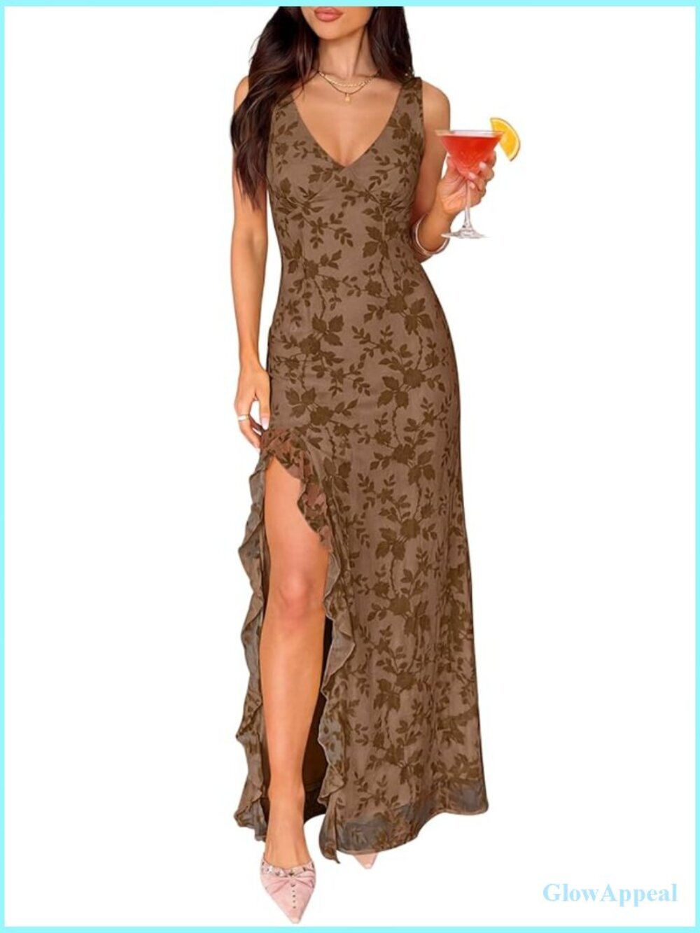 Sleeveless V-Neck Bodycon Maxi Dress with Ruffle Hem and High Slit